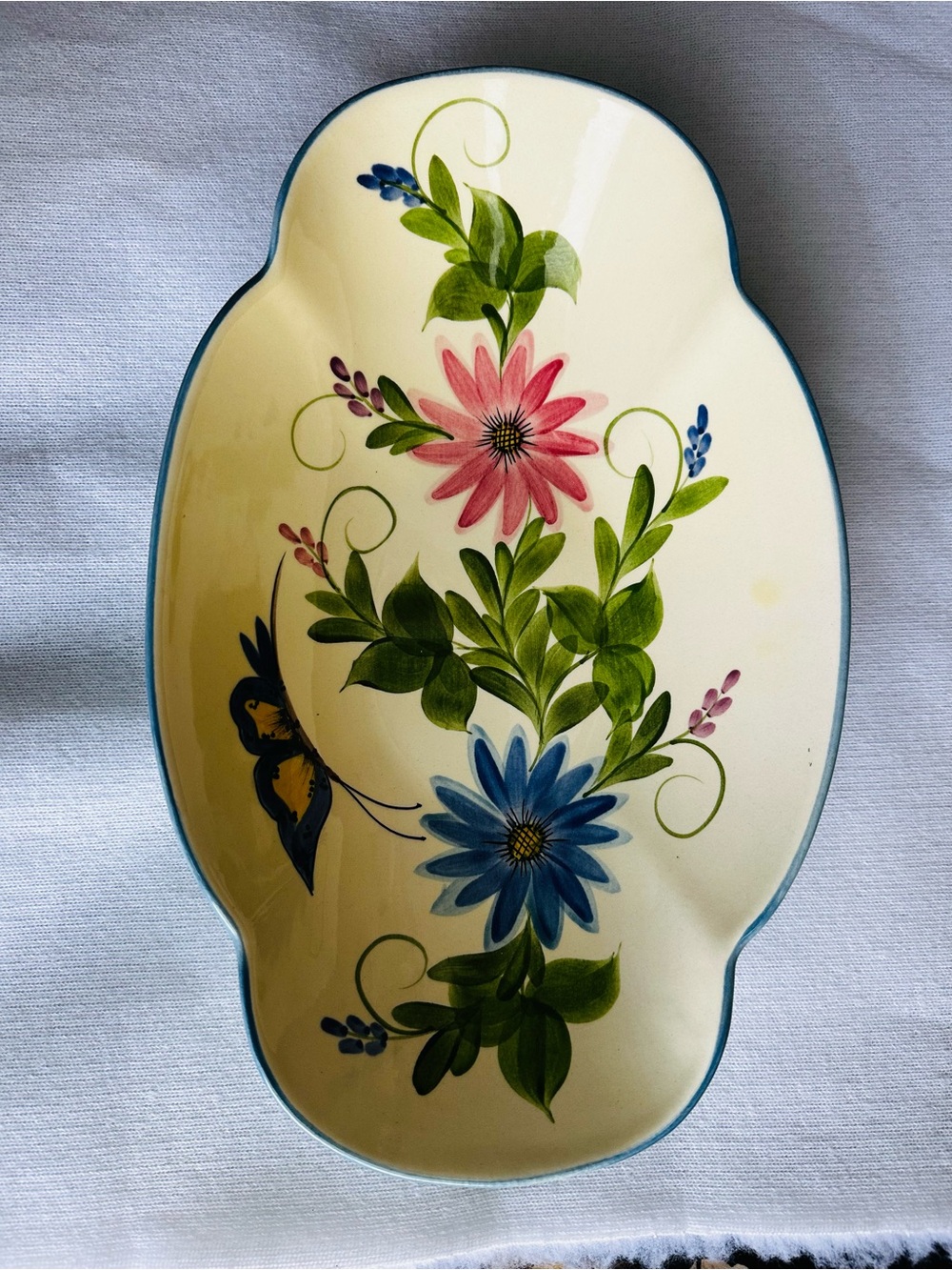 Laurie Gates Hand-Painted Floral Ceramic Dish in Cream with Pink & Blue Flowers